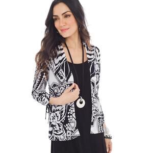 Chico's Women's B/W Abstract Floral Ruched-Sleeve Sweater Cardigan SZ 0 US S